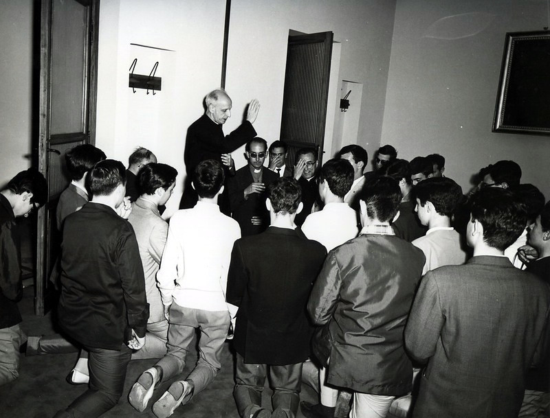 Fr Pedro Arrupe SJ, 28th Superior General of the Society of Jesus (the Jesuits) in prayer with youth in 1966