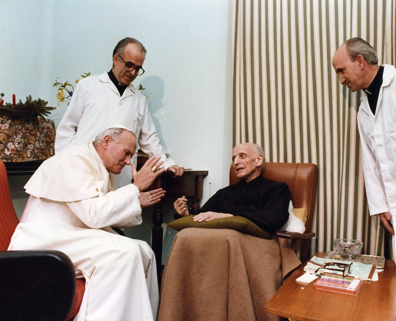 Pedro Arrupe SJ, 28th Superior General of the Society of Jesus, meets Pope John Paul II after suffering a stroke