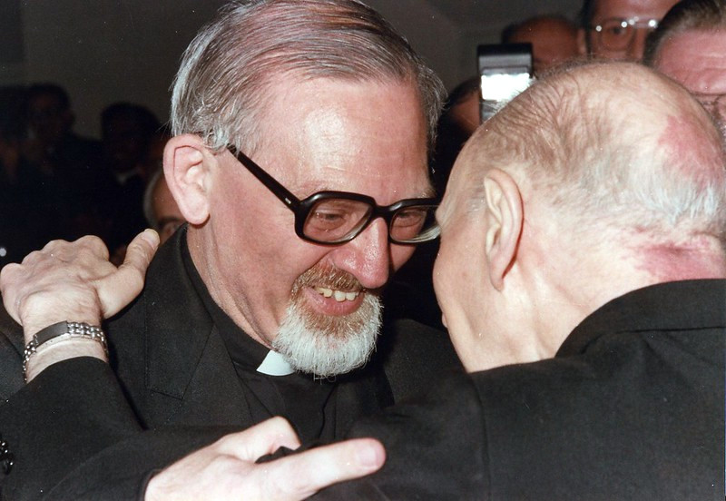 Fr. Pedro Arrupe SJ, 28th Superior General of the Society of Jesus (the Jesuits) at the election of Fr. Peter-Hans Kolvenbach SJ in 1983