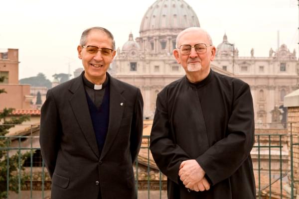 A portrait of Fr. Adolfo Nicolás SJ and Fr. Peter-Hans Kolvenbach SJ, 30th and 29th Superior Generals of the Society of Jesus (the Jesuits), on the roof of the Jesuit Curia in Rome
